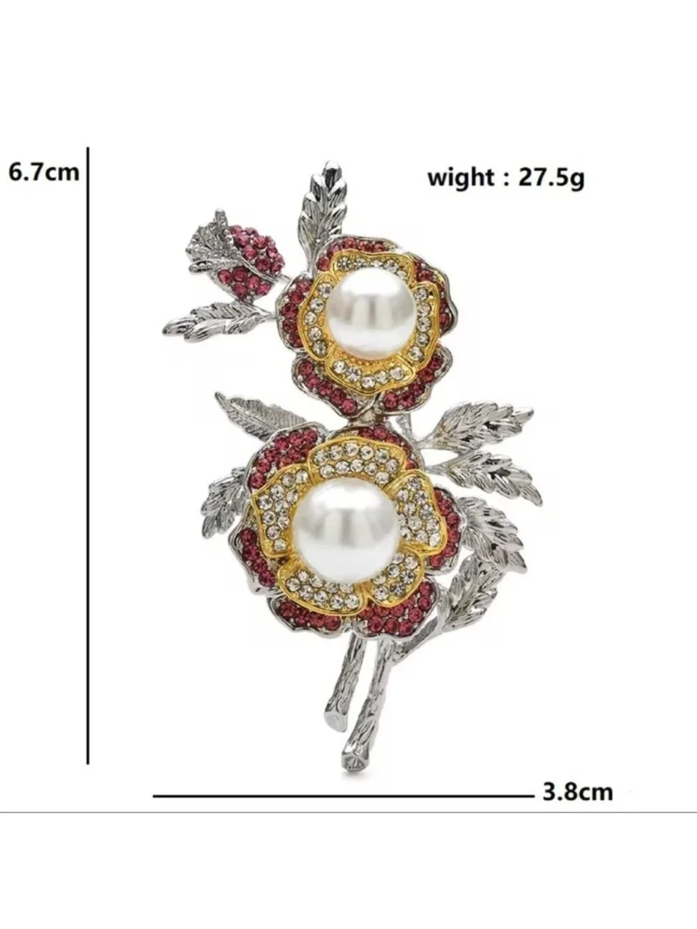 Elegant Silver Gold Floral Brooch with Pearls - Picture 4 of 4